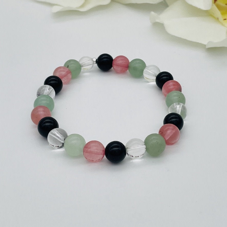 ST1015BL Rose Quartz, Rock Crystal, and Onyx Bracelet 7.5"