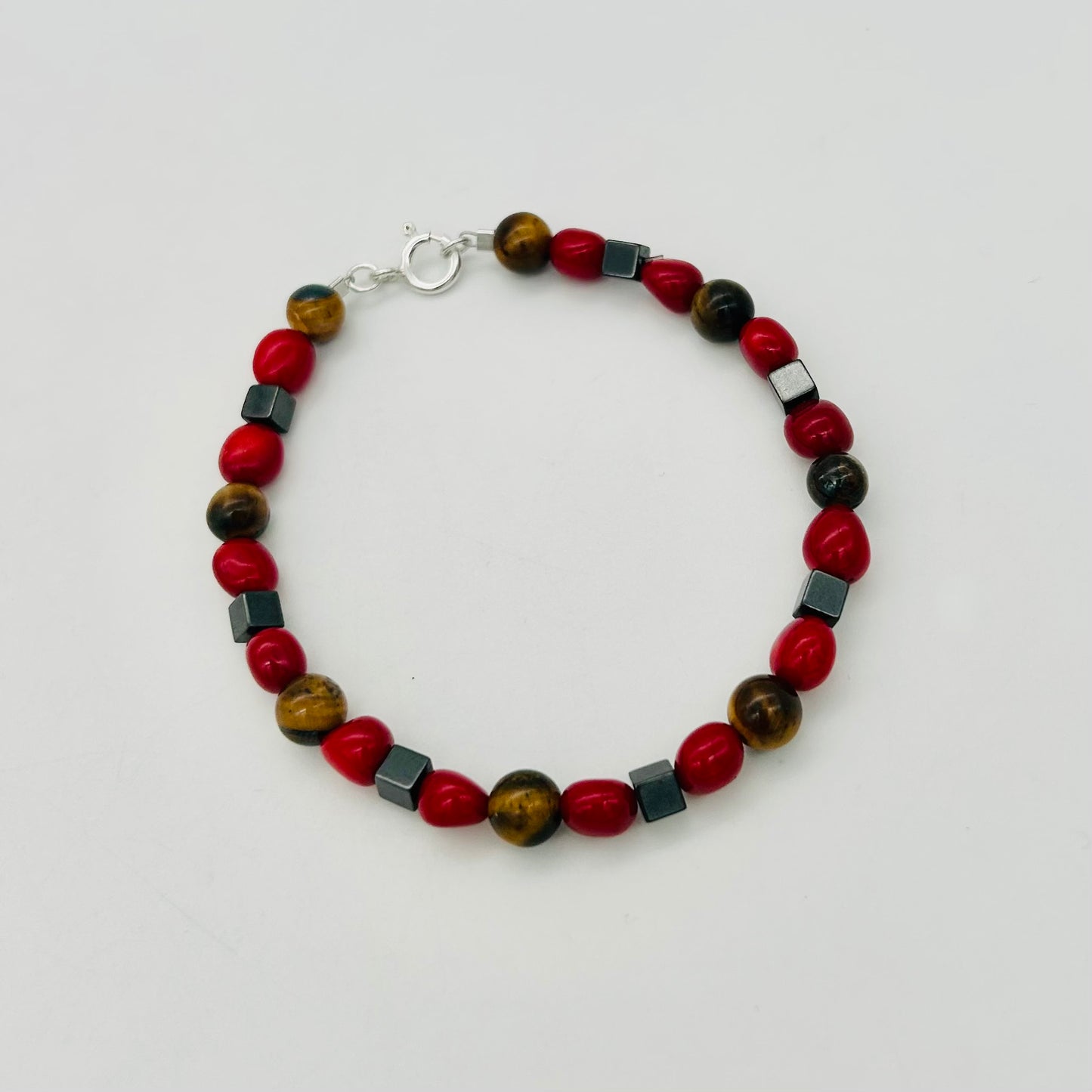 ST1620BL Coral,Tiger eye and Magnets Bracelet 7.5"