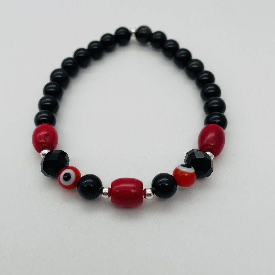 ST1829BL Rainbow Obsidian & Red Dyed Bamboo Coral Bracelet 7.5"