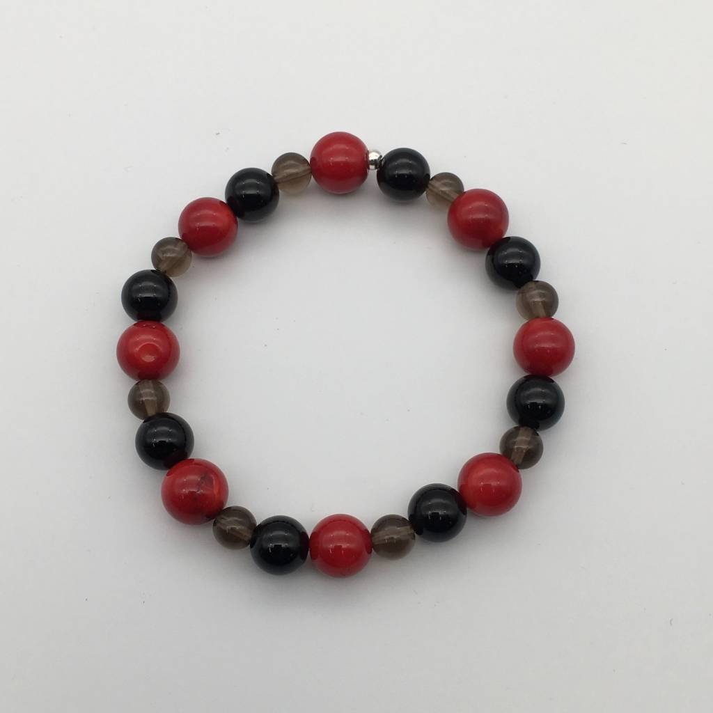ST1316BL Red Dyed Bamboo Coral, Smoky, and Onyx Bracelet 7"