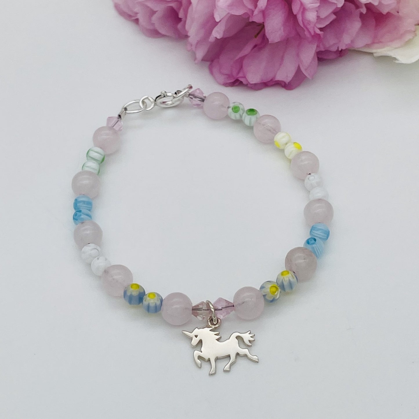 CH945BL Rose Quartz With Unicorn Bracelet 7"
