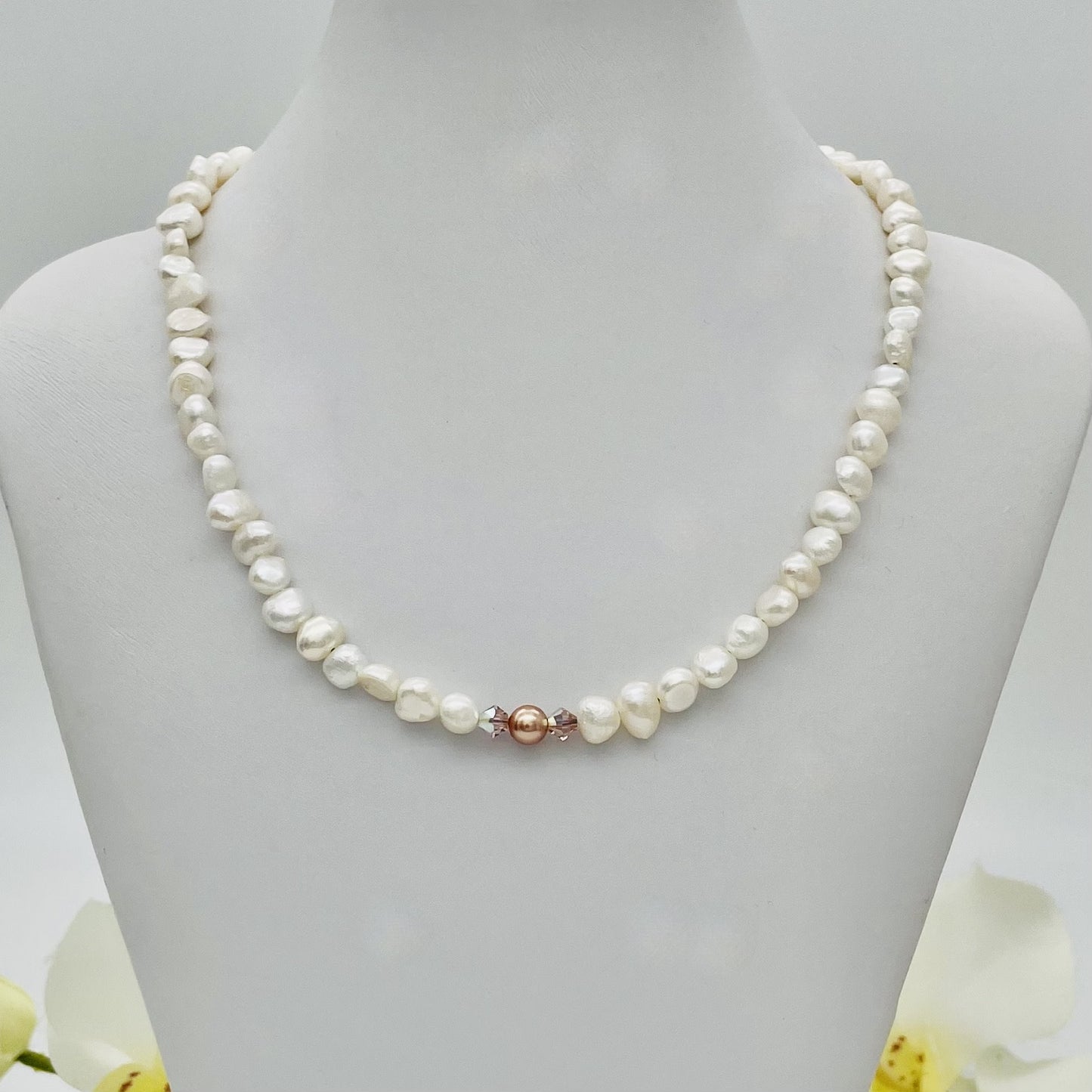 CH960NL White & Rose Gold Pearls Necklace 14"