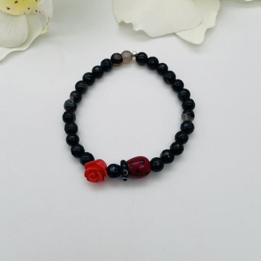 ST1843BL Agate Red Flower Bracelet 7"