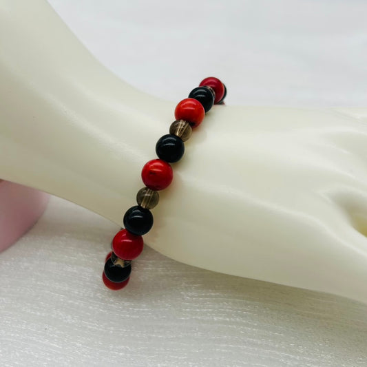 ST1316BL Coral, Onyx, and Smoky Bracelet 8"