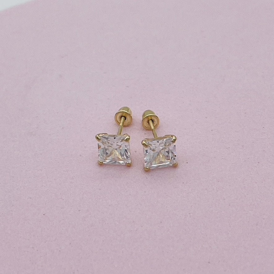 G32ER 14K Gold Clear Square Earrings 5mm.