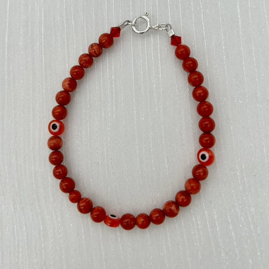 ST1762Bl Dyed Red Bamboo Coral Red Eyes Bracelet 7.5"
