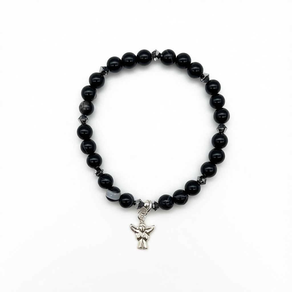 ST1998BL Black Agate, Angel Bracelet 7"