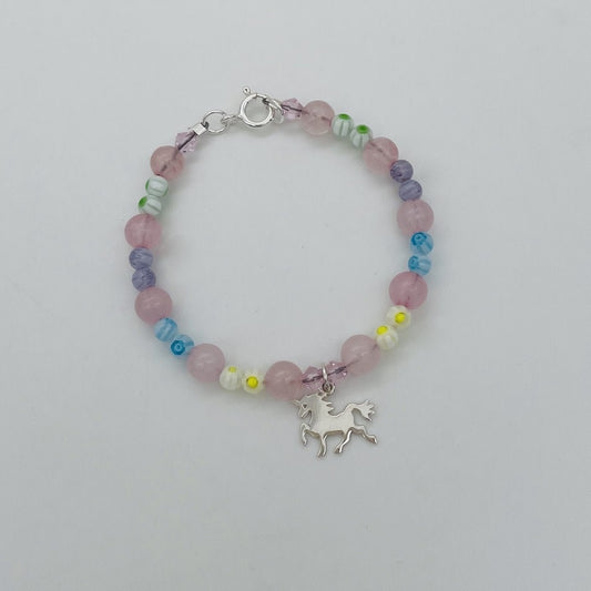 CH945BL Rose Quartz With Unicorn Bracelet  6"