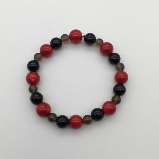 ST1316BL Red Dyed Bamboo Coral, Smoky, and Onyx Bracelet 7"