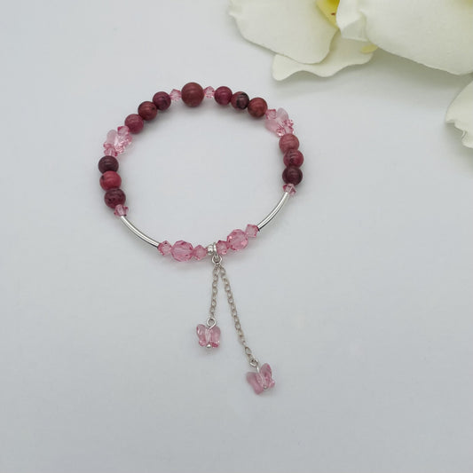 ST1786BL  Rhodonite With Butterflies Bracelet  7"