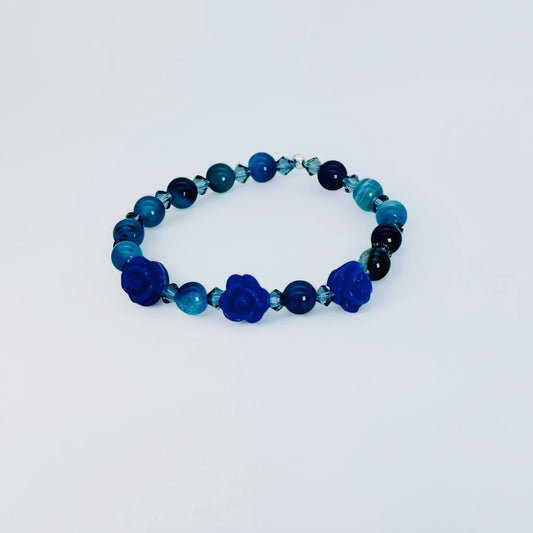 CH992Bl Blue Agate Dark Blue Flower Bracelet  6.5"